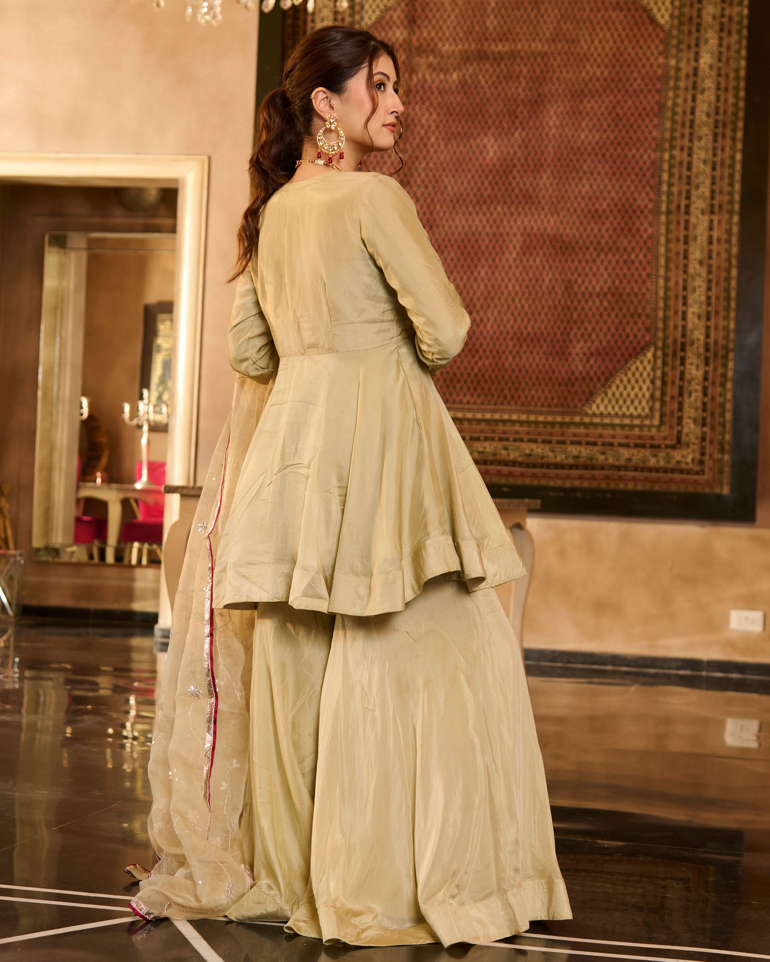 Tilki Olive Green Solid Silk Sharara Set - Image 9