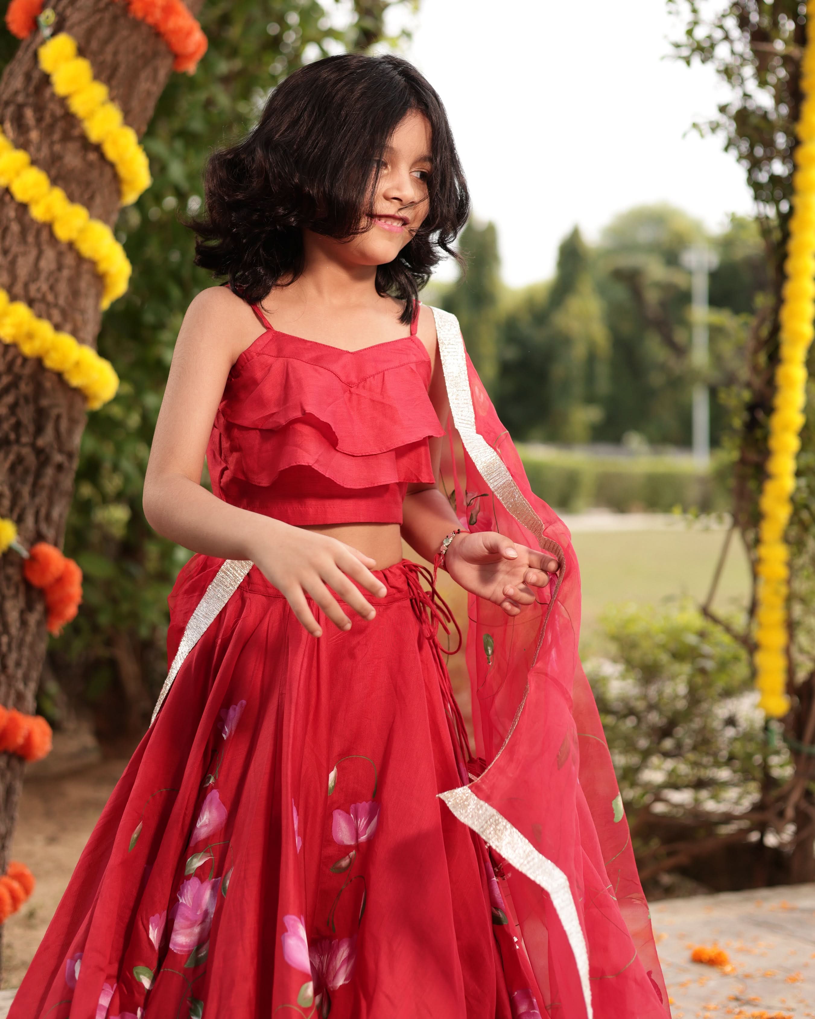 Tinsel Red Handpainted Chanderi Lehenga Set - Image 4