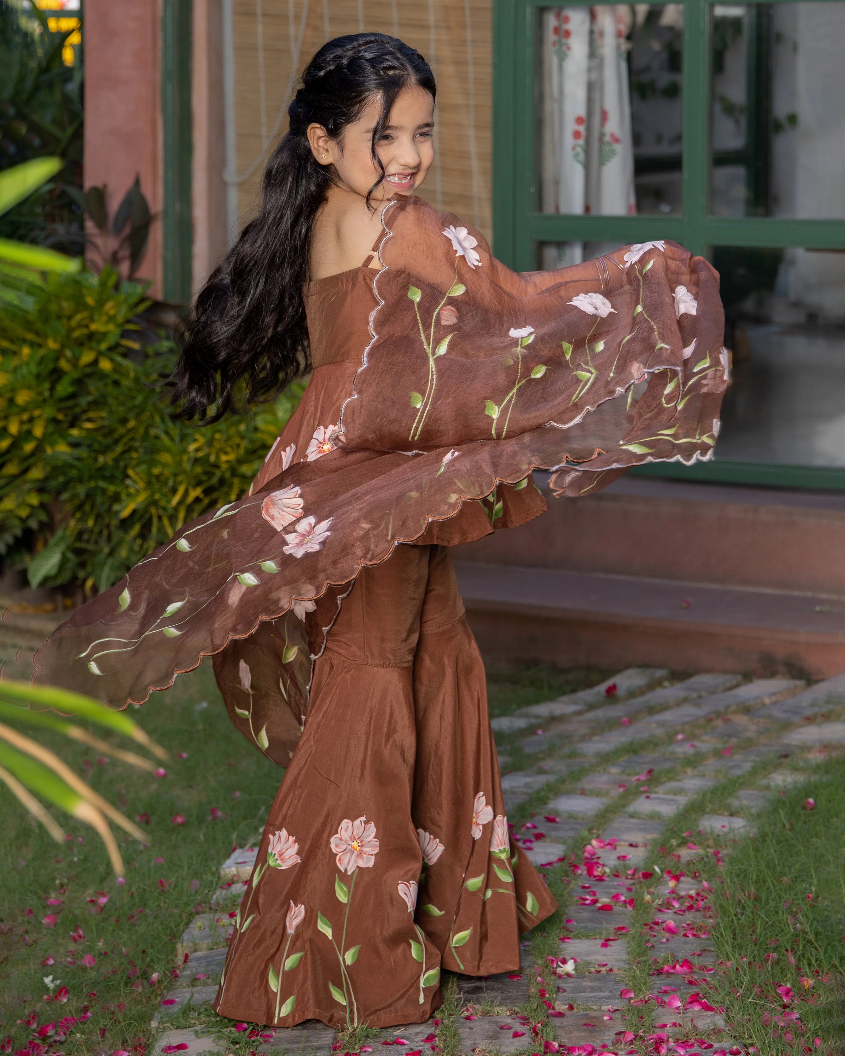 Toffee Brown Handpainted Muslin Sharara Set - Image 6