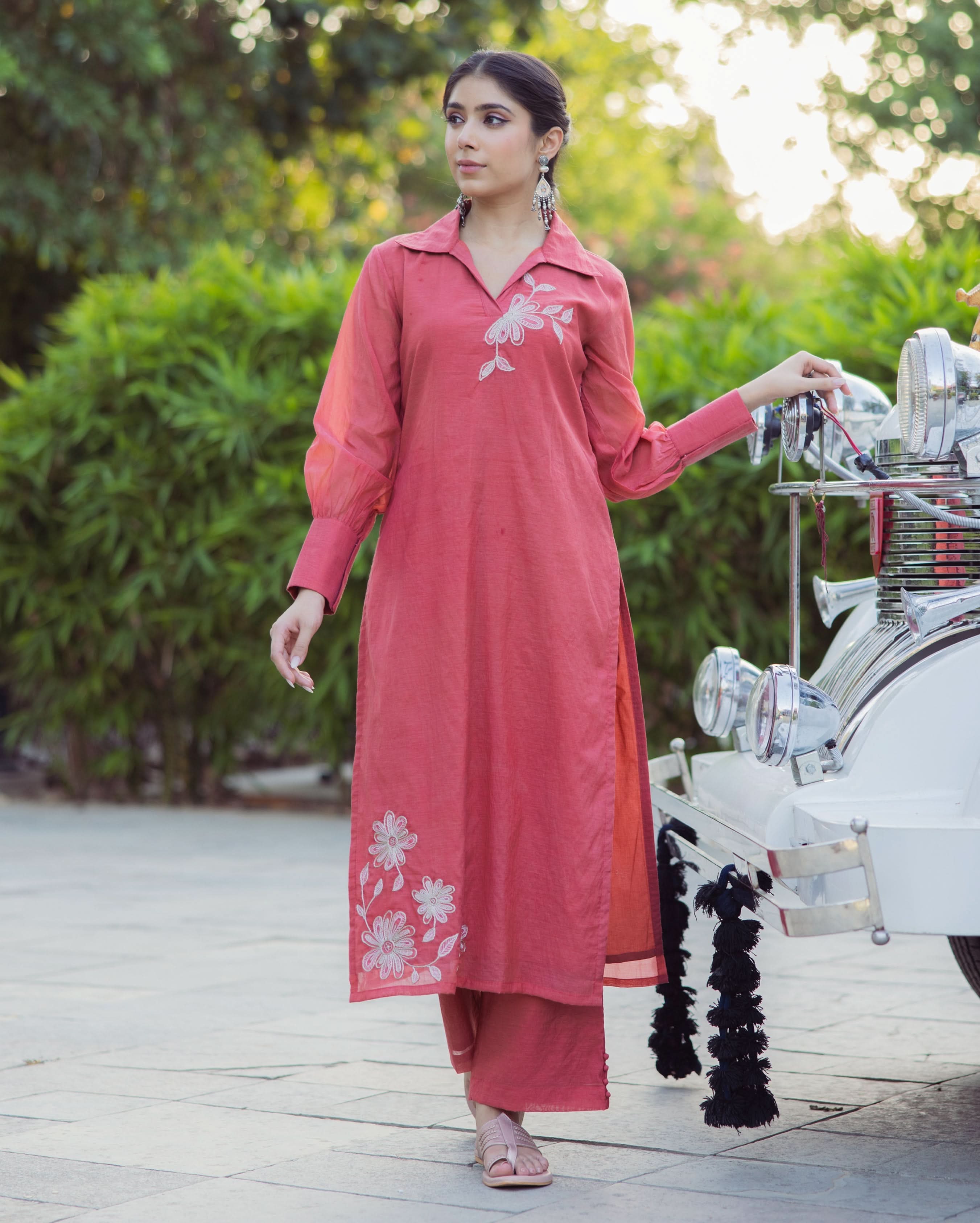 Tool Red Embroidered Chanderi Kurta Set - Image 3