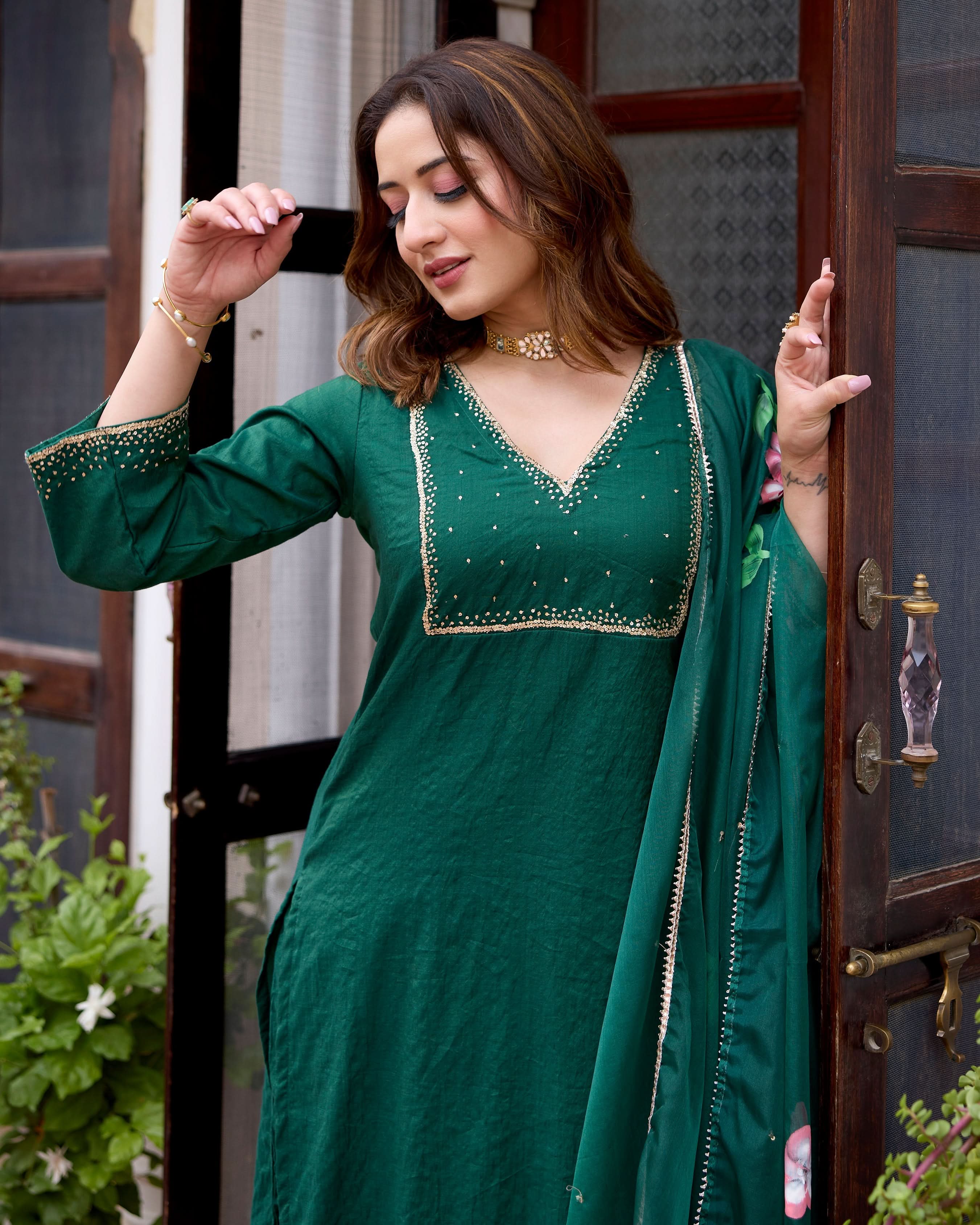 Tulsi Bottle Green Handpainted Chanderi Suit Set - Image 8