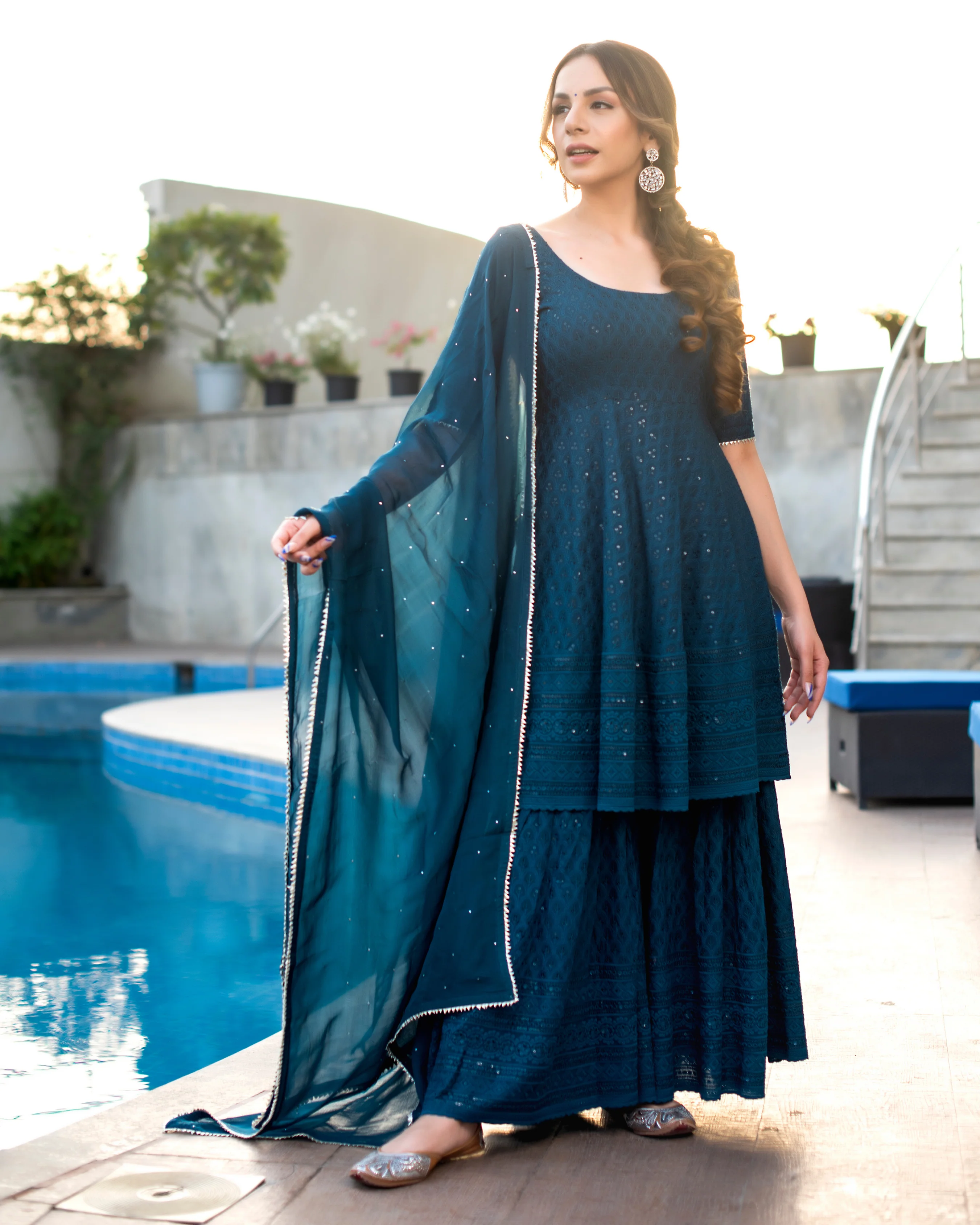 Turquish Blue Embroidered Sharara Set - Image 2