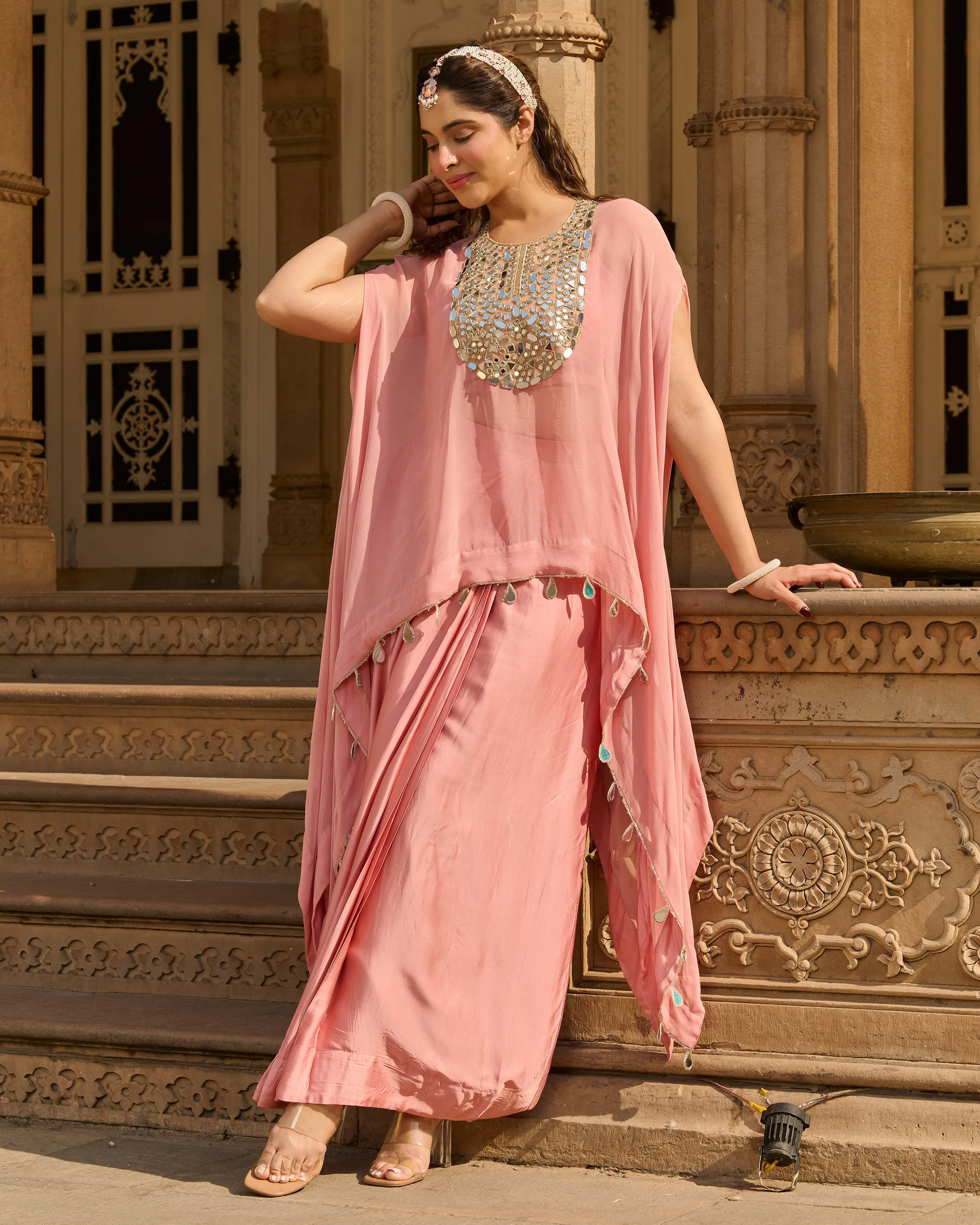 Urban Peach Solid Satin Coord Set - Image 3