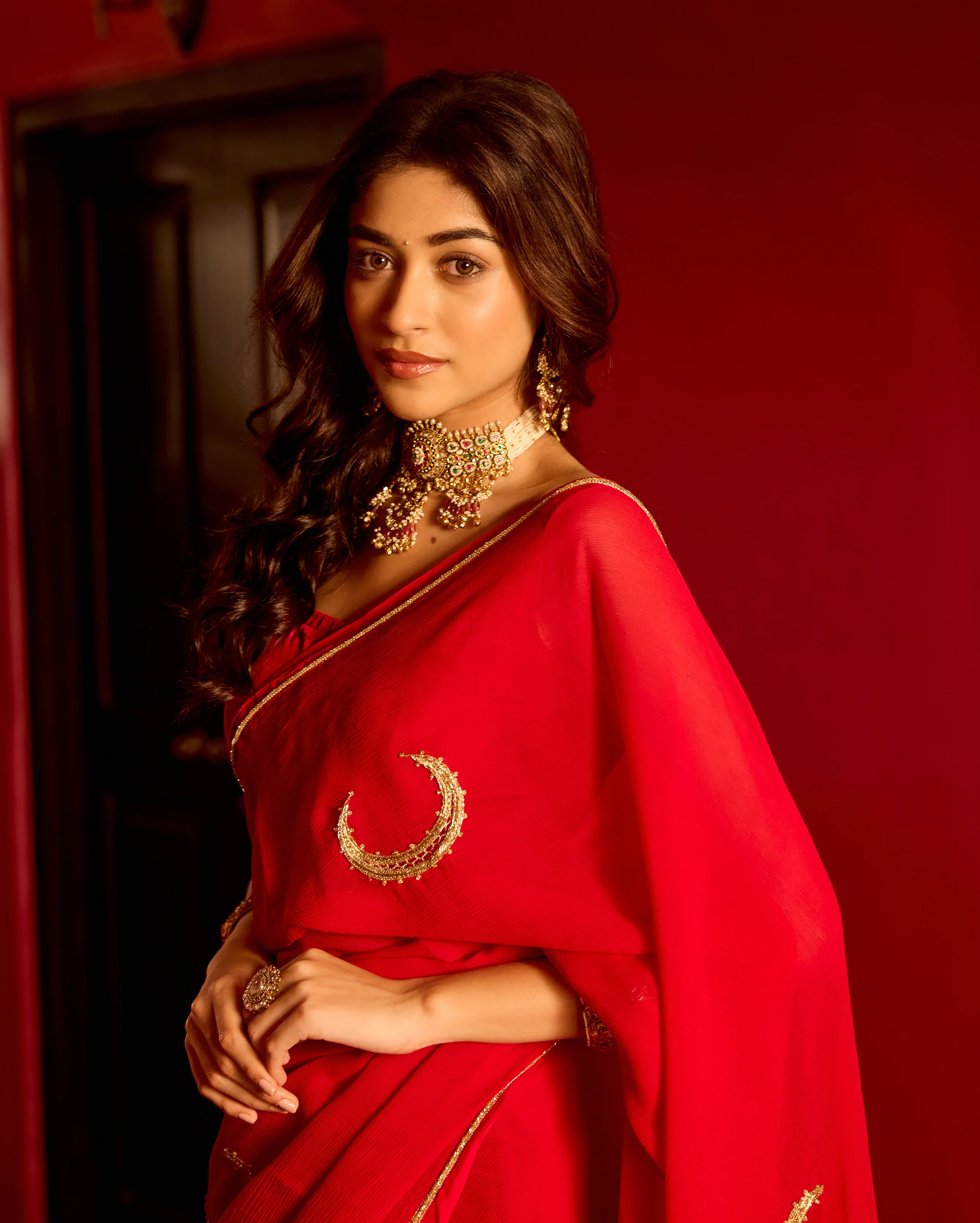 Utsaha Red Handcrafted Chiffon Saree - Image 6