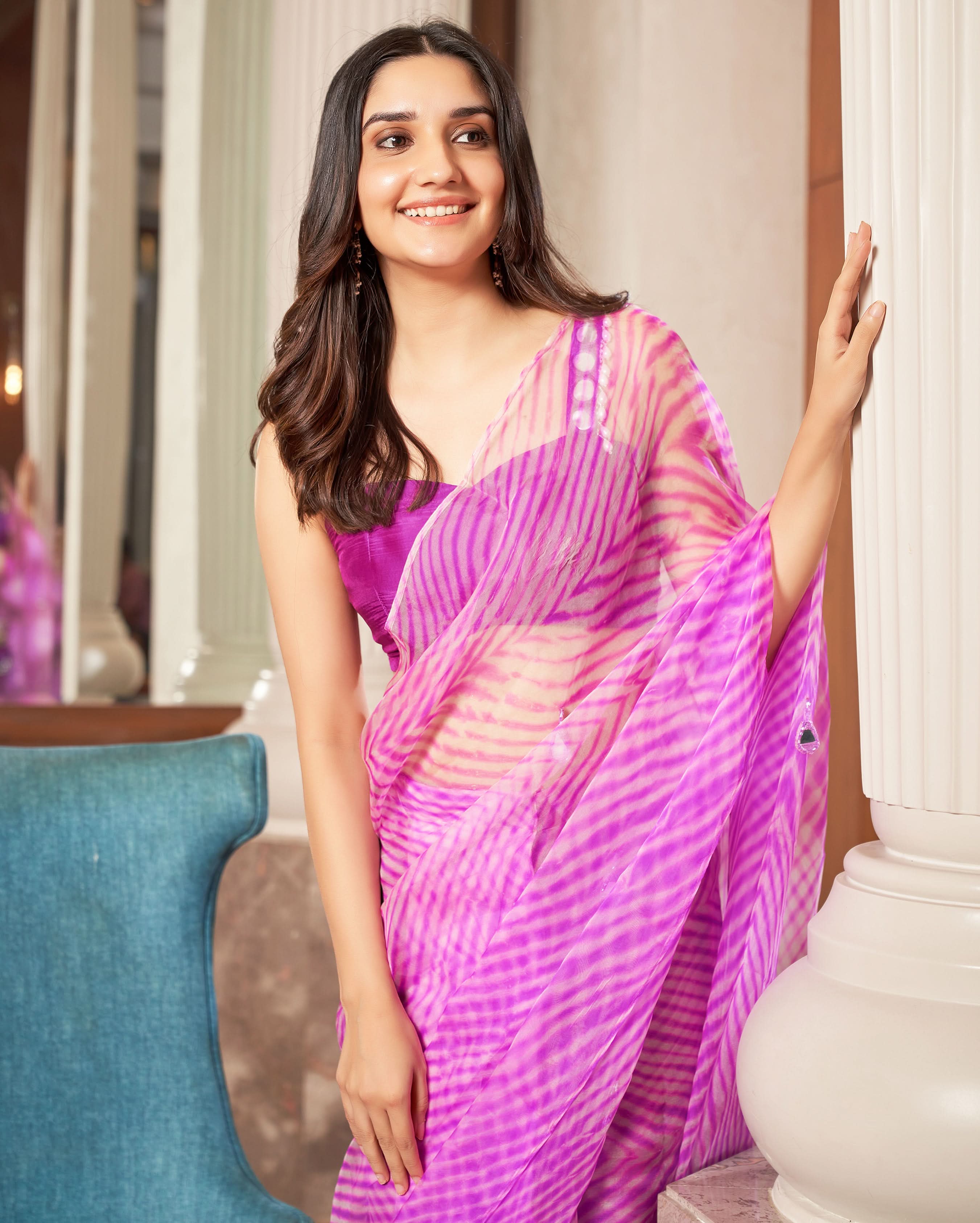 Varaha Purple Leheriya Organza Pre Draped Saree - Image 5