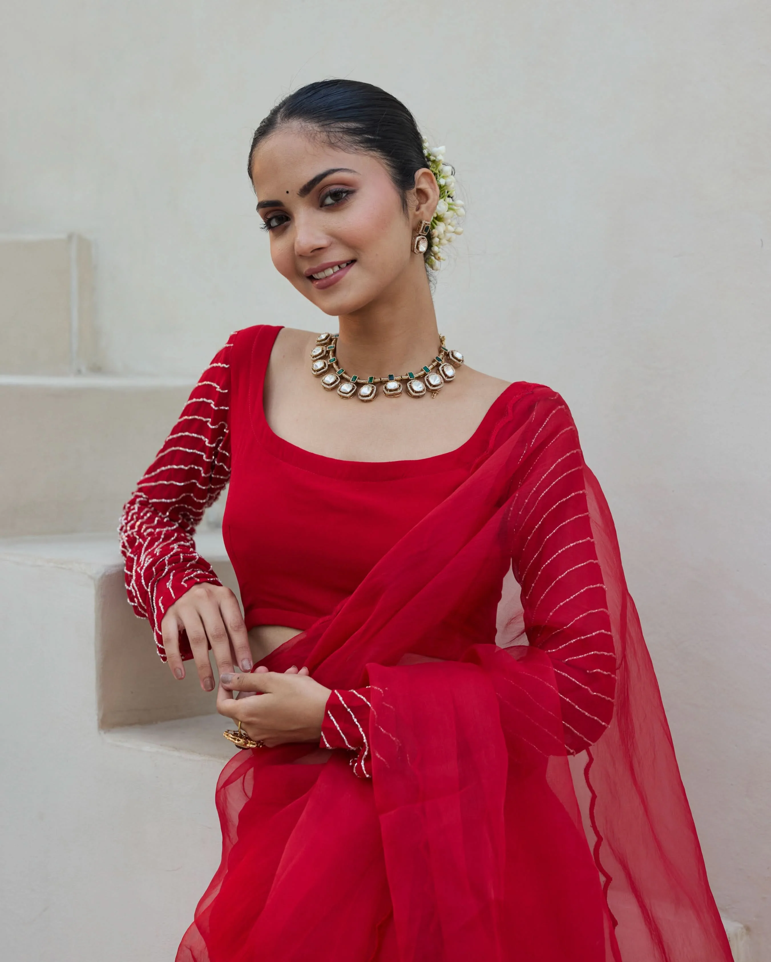Victoria Charm Red Georgette Embroidered Blouse - Image 3