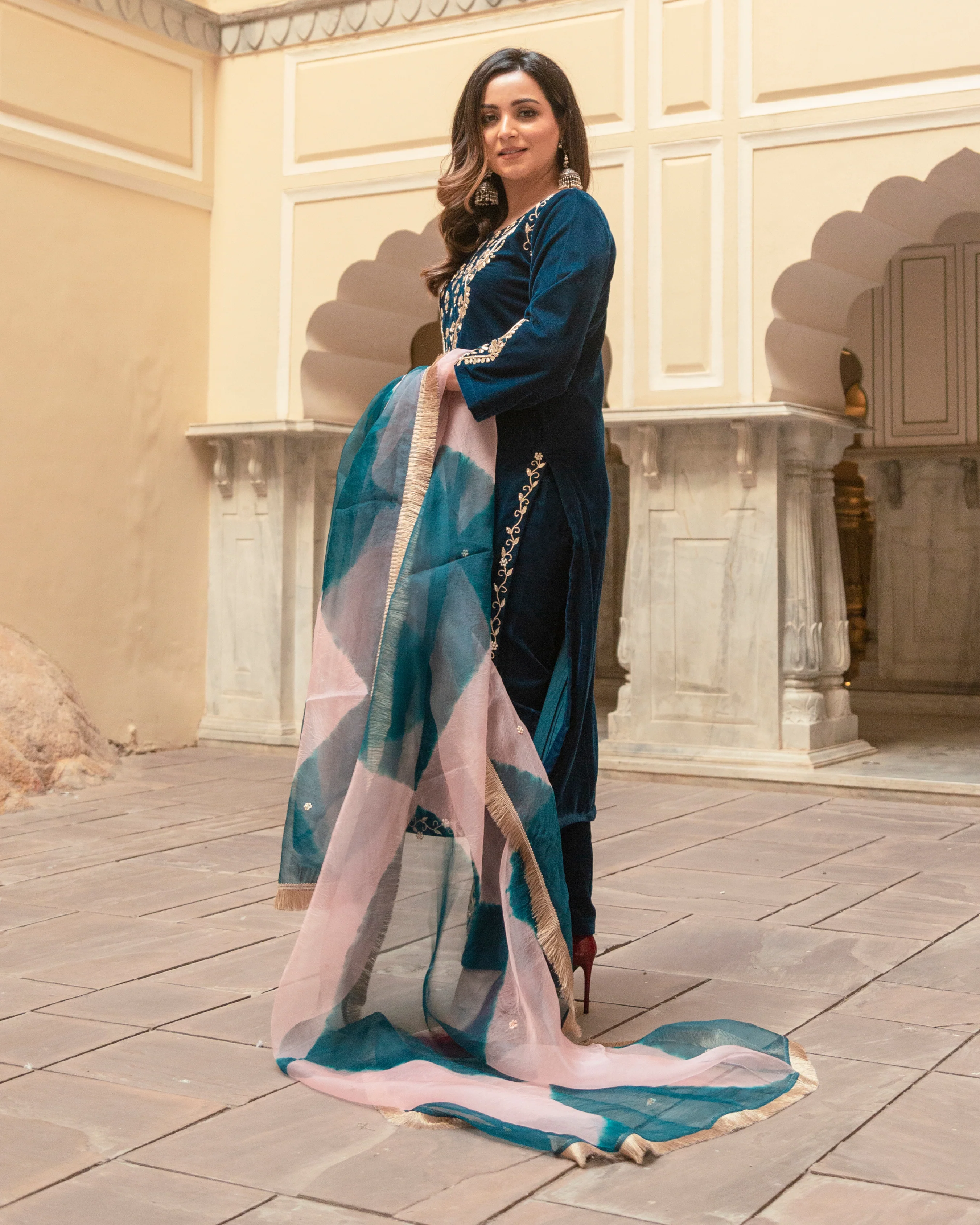 Vintage Blue Velvet Handcrafted Suit Set - Image 4