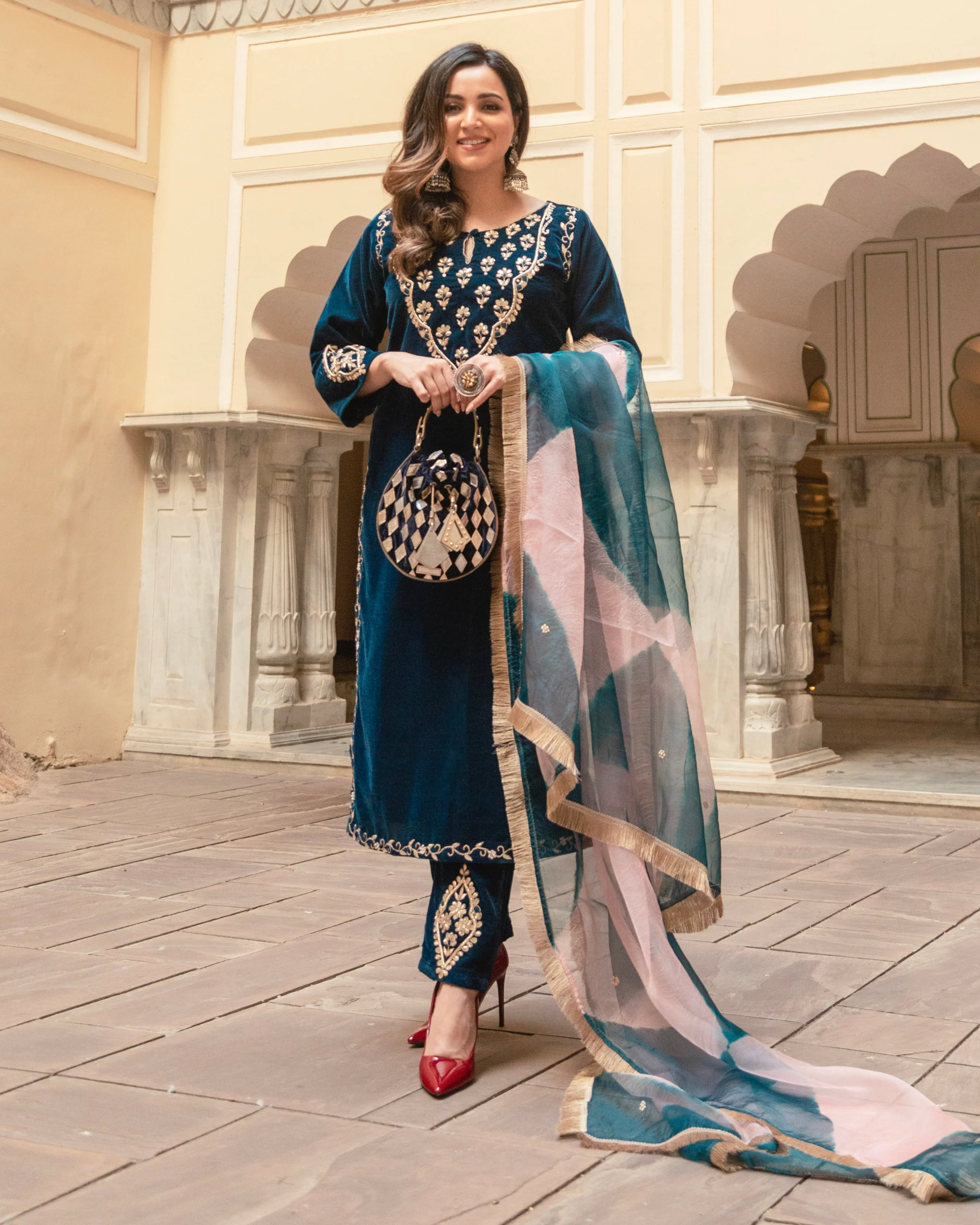Vintage Blue Velvet Handcrafted Suit Set - Image 6
