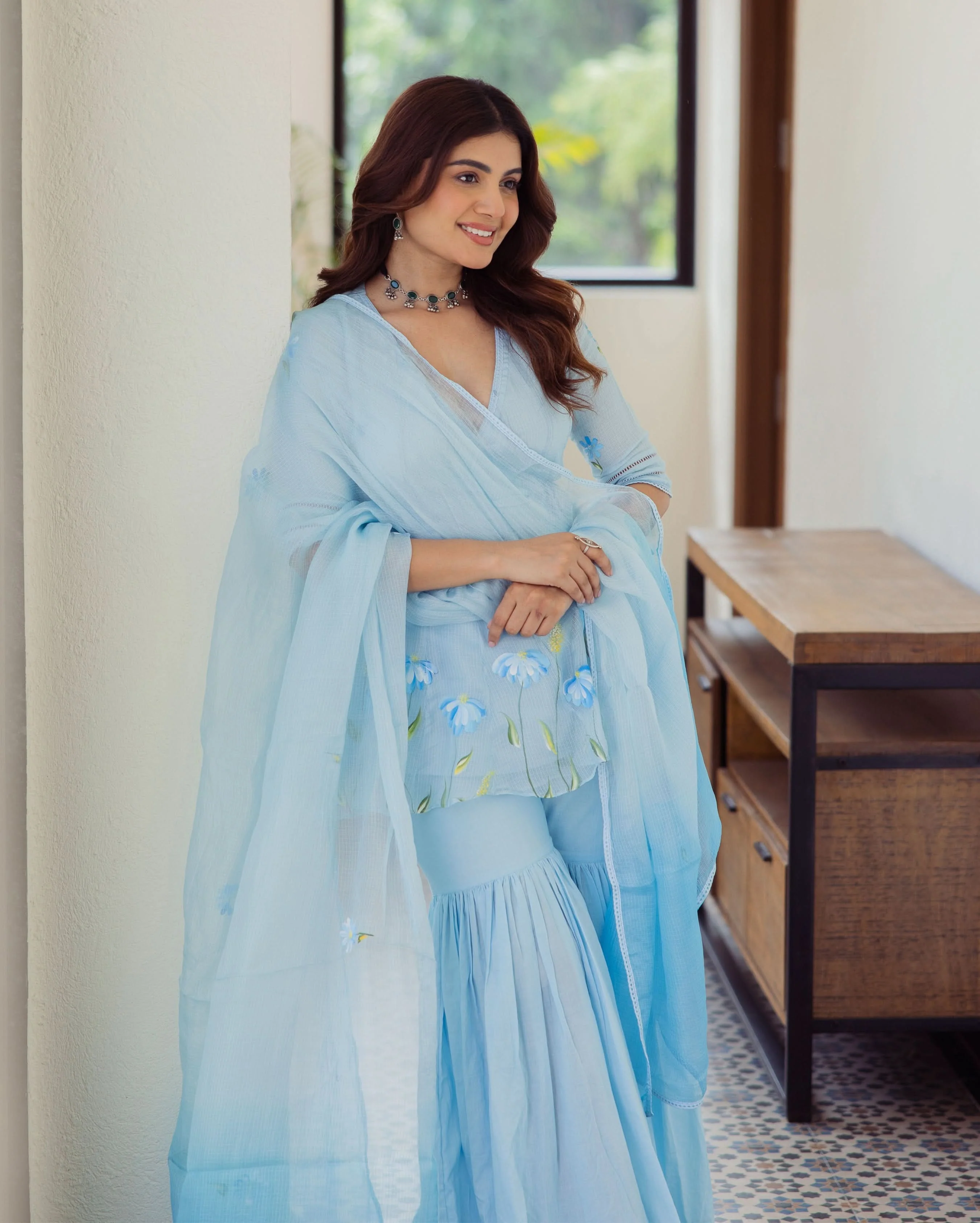 Vivid Blue Handpainted Doria Sharara Set - Image 4