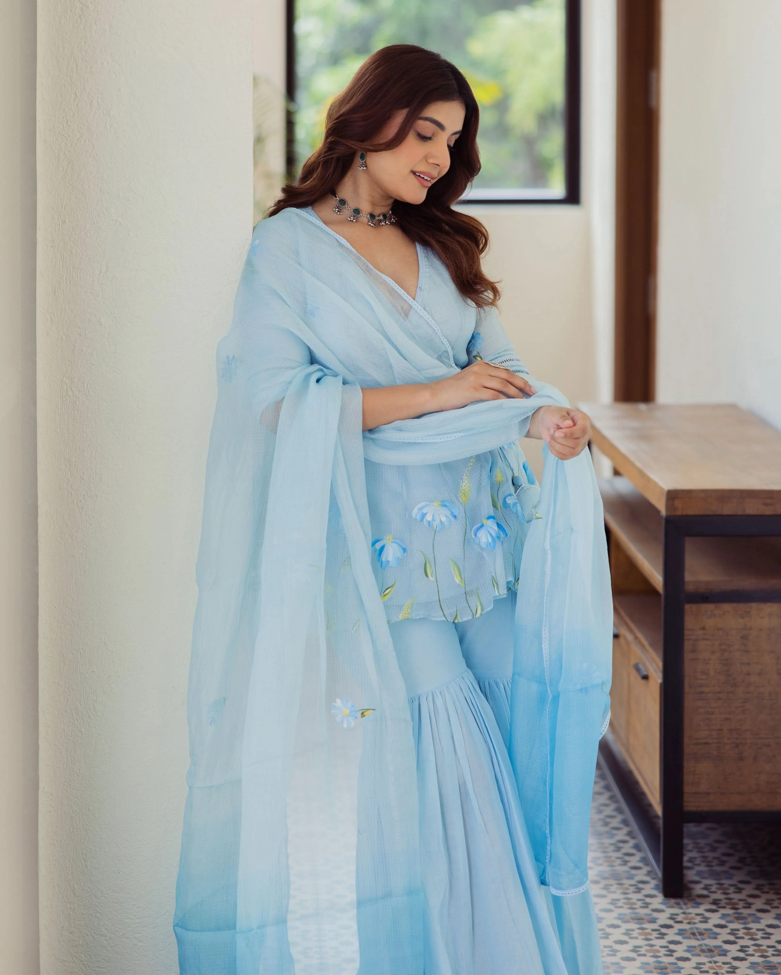 Vivid Blue Handpainted Doria Sharara Set - Image 5