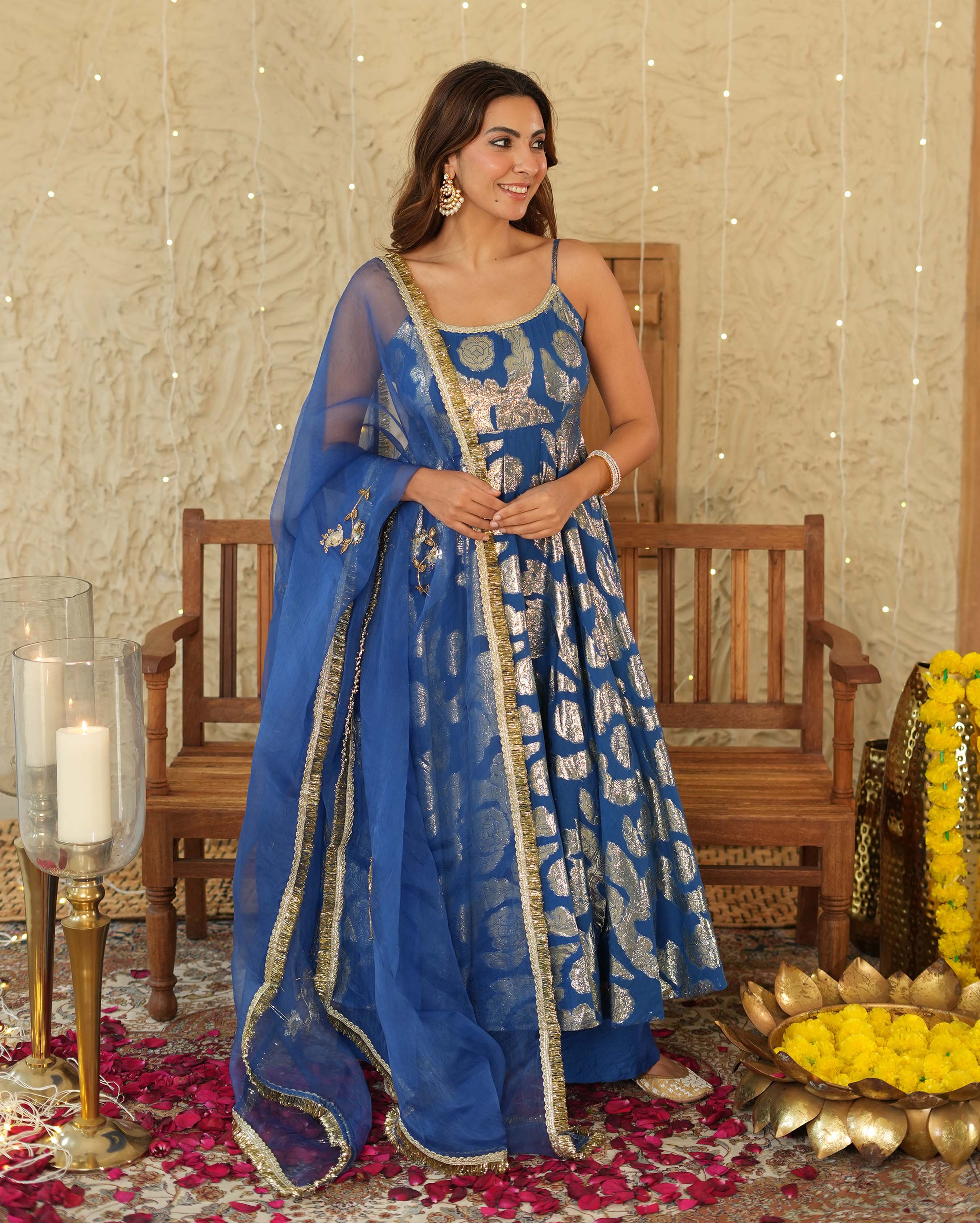 Vrinda Blue Jacquard Suit Set - Image 2