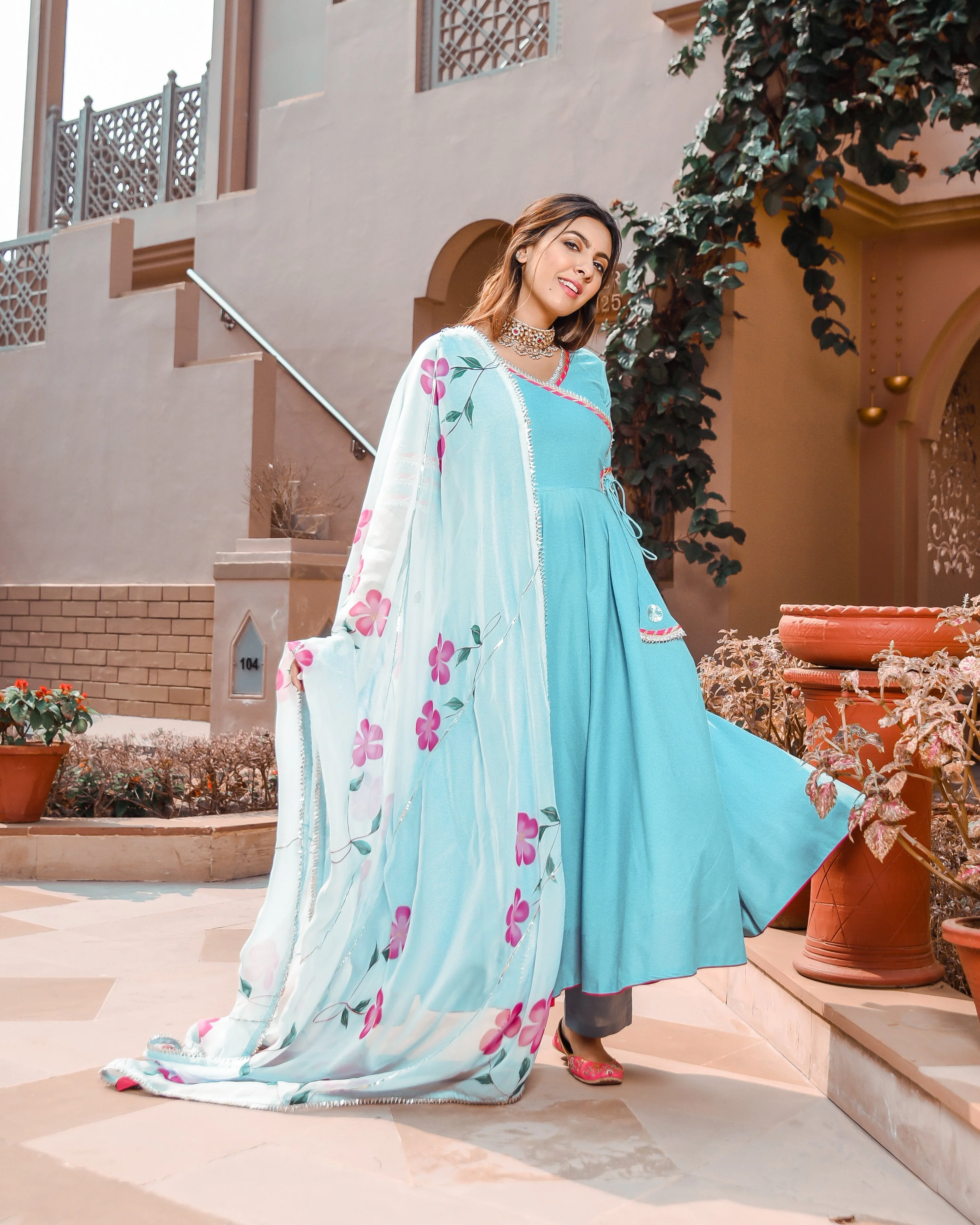 Water Blue Organza Handpainted Suit Set - Image 3