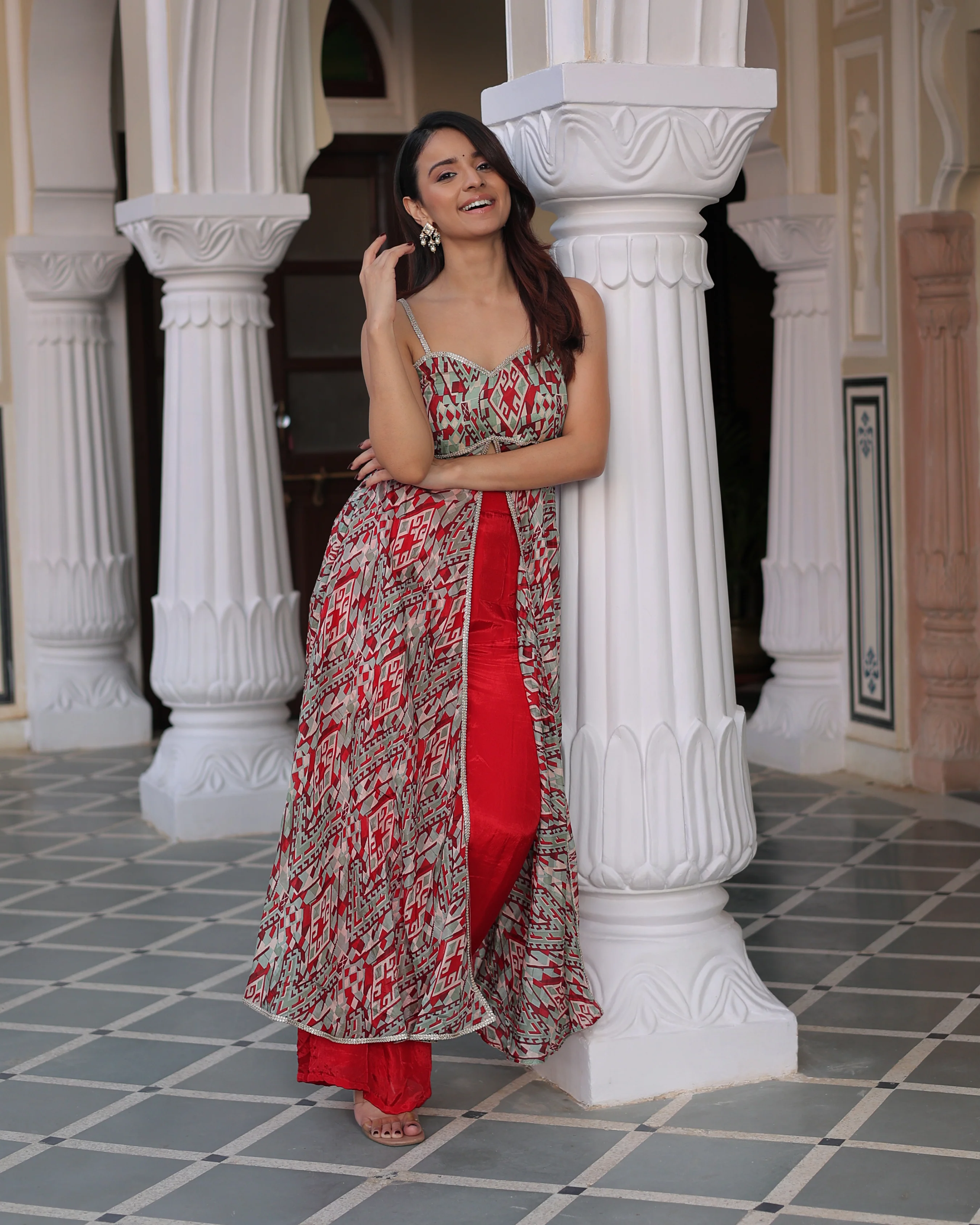 Wavy Red Printed Silk Coord Set - Image 7