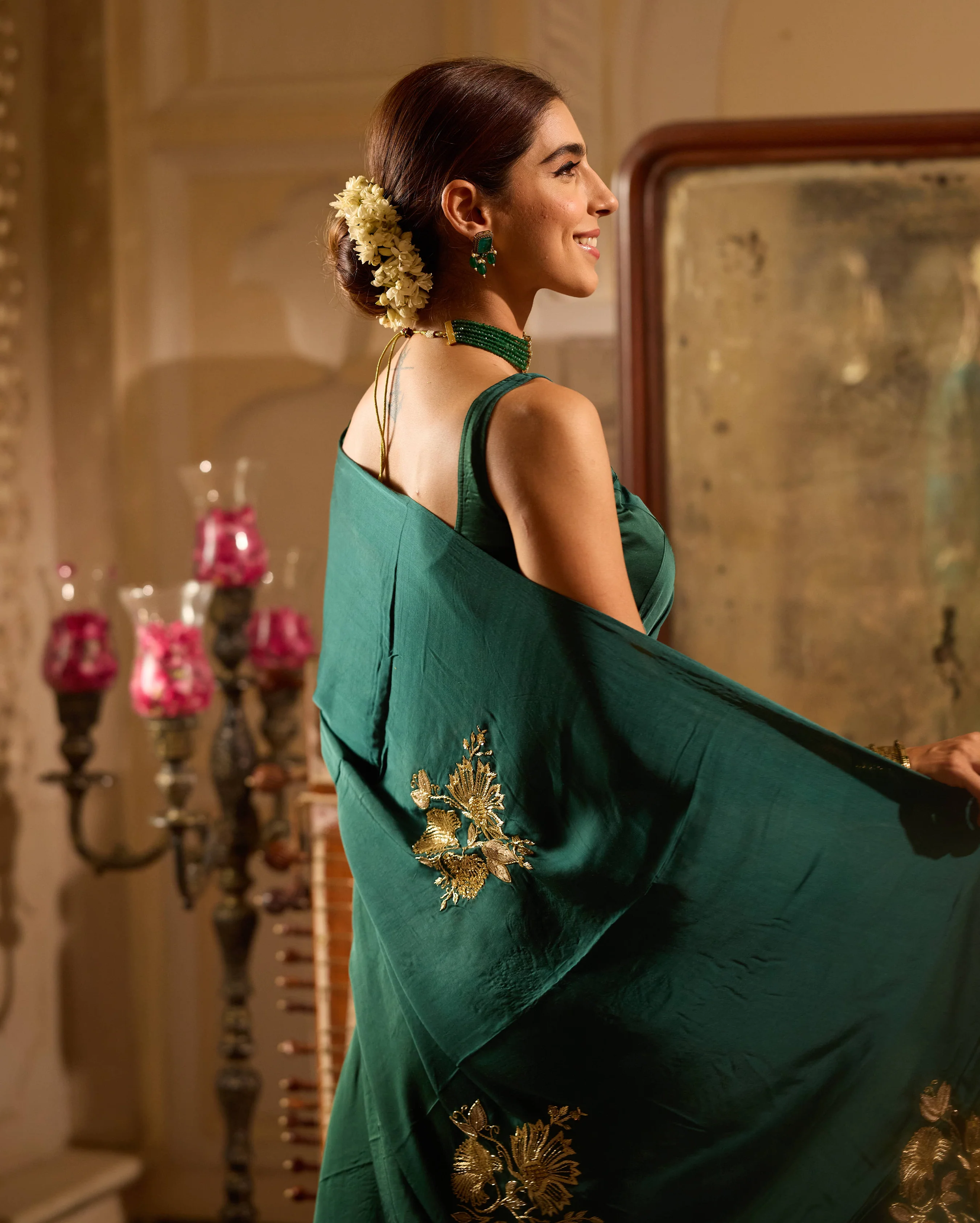 Yaadgaar Green Handcrafted Satin Saree - Image 5