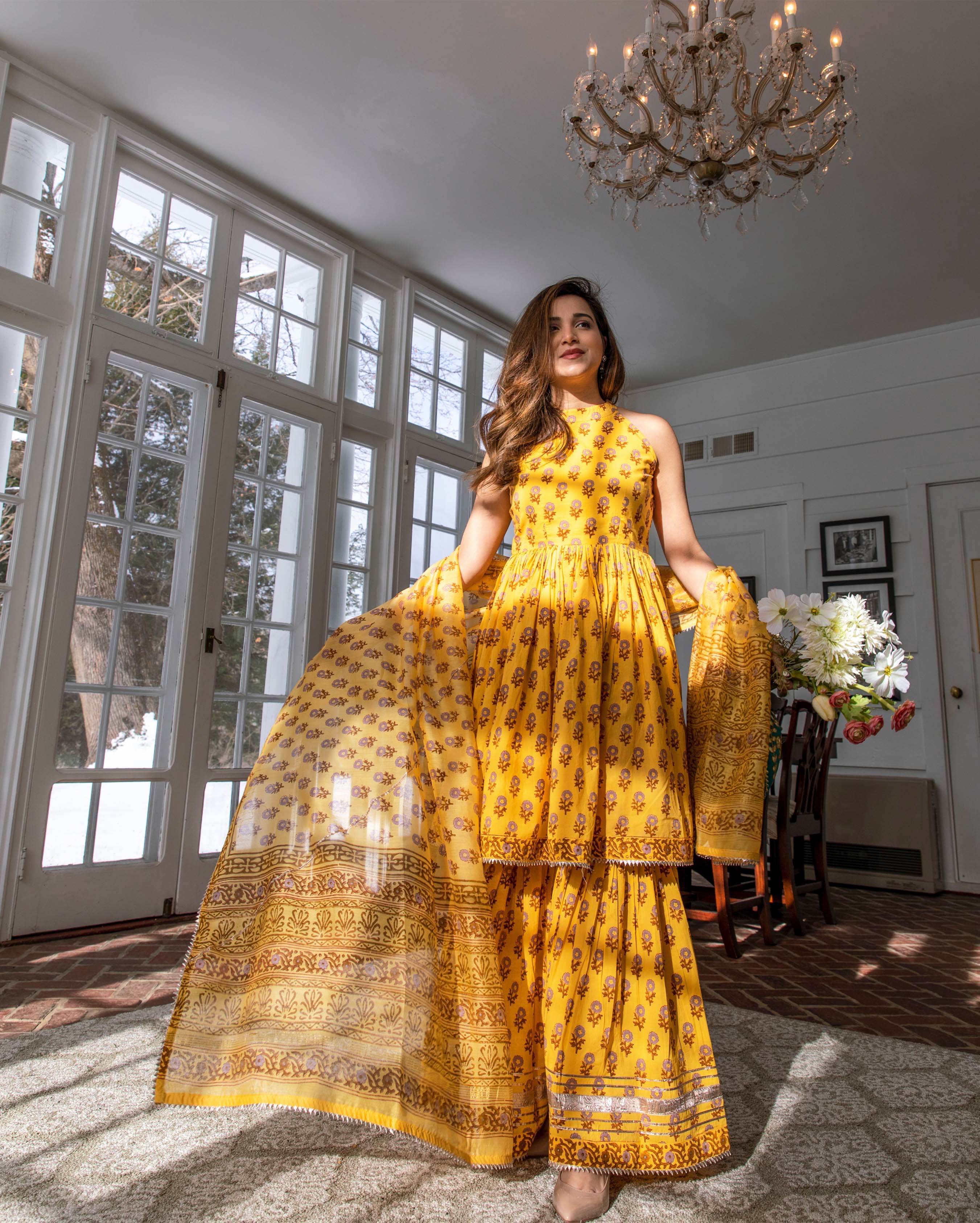 Yellow Dutch Handblock Sharara Set - Image 4