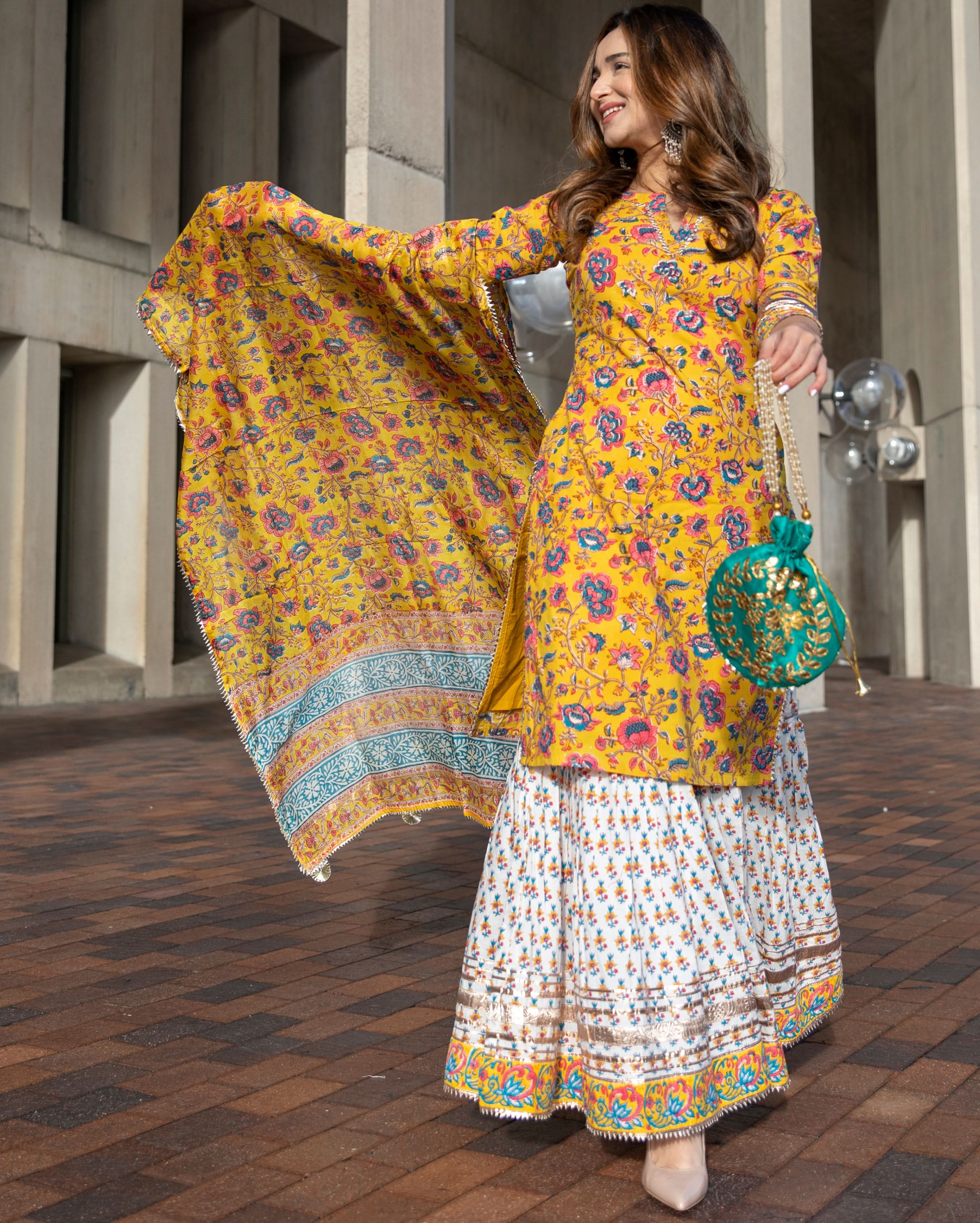 Yellow Goldfinch Handblock Sharara Set - Image 3