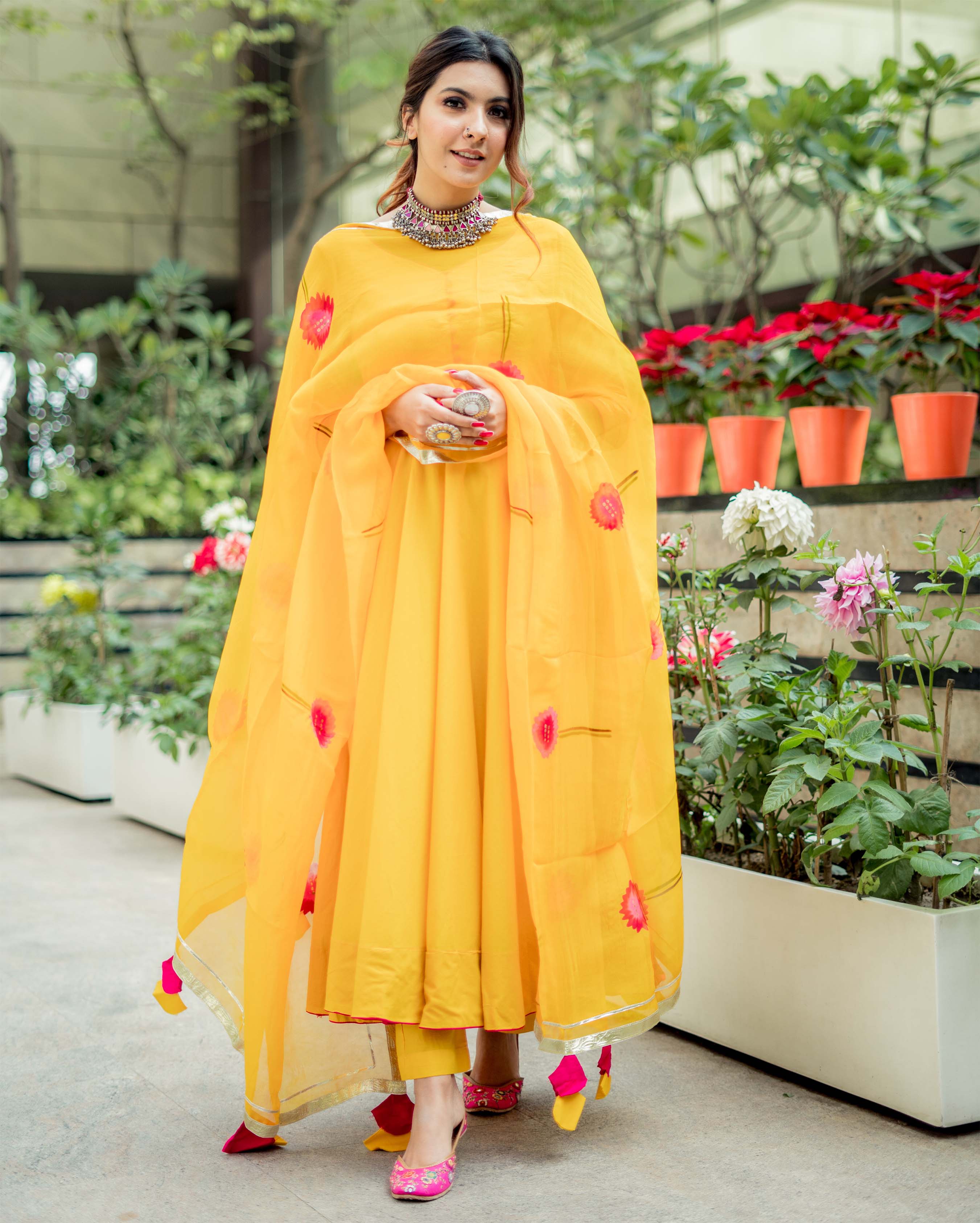 Yellow Organza Handpainted Suit Set - Image 3