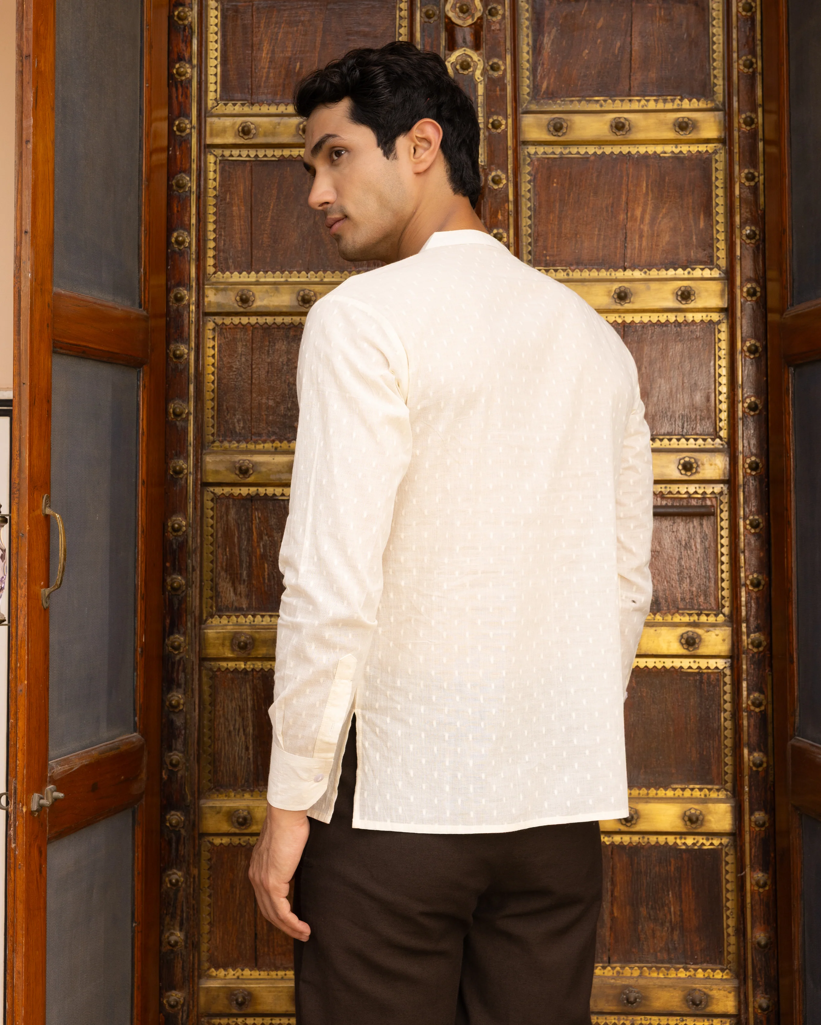Yug Off White Solid Dobby Kurta - Image 6