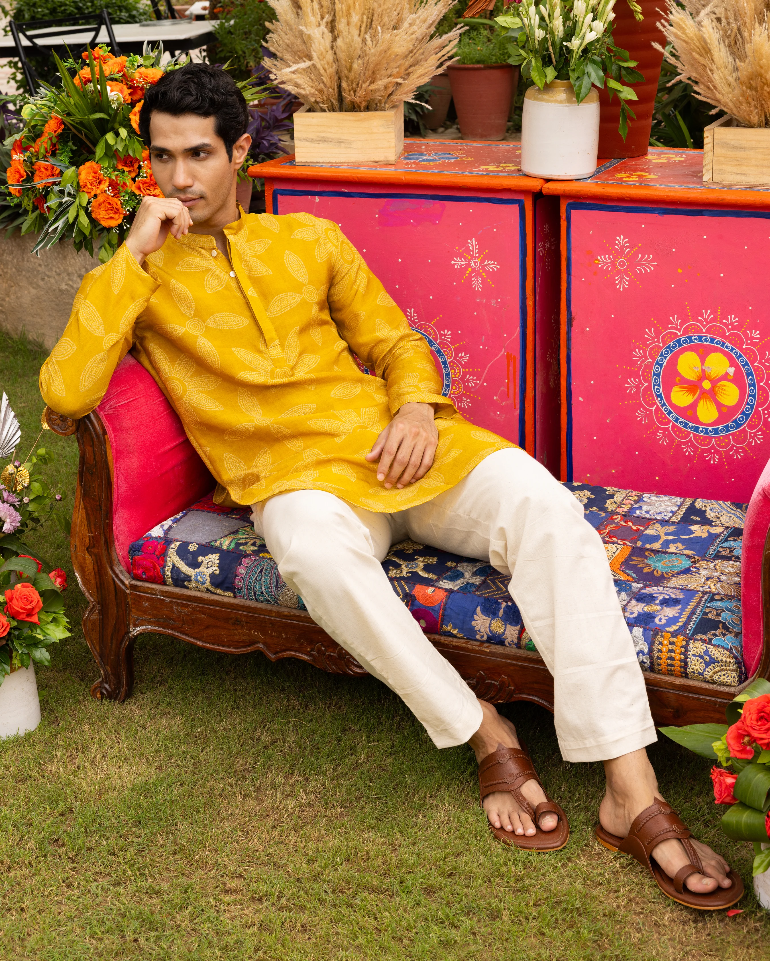 Yuvan Yellow Bandhani Chanderi Kurta - Image 7