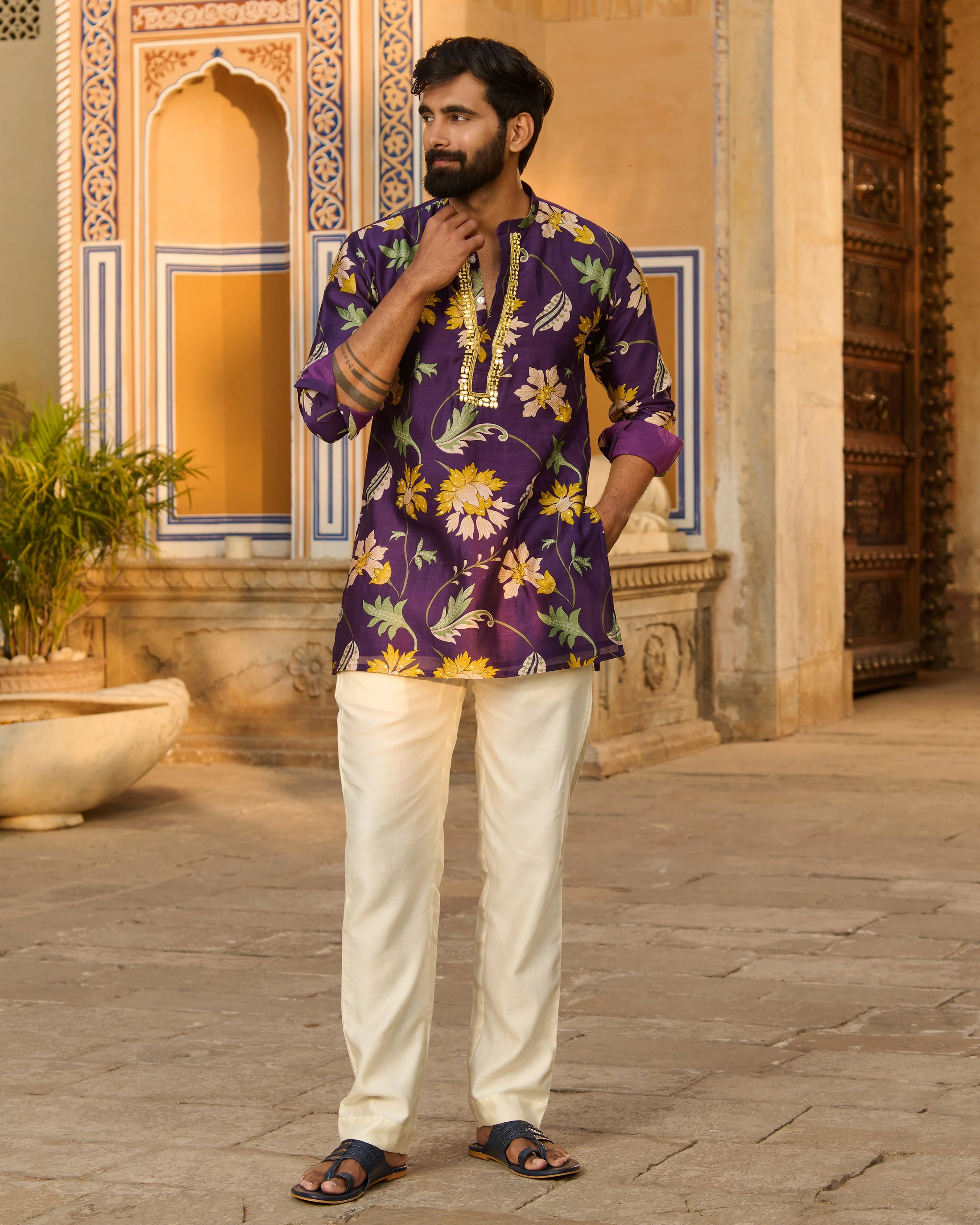 Yuvraj Purple Printed Chanderi Kurta - Image 2