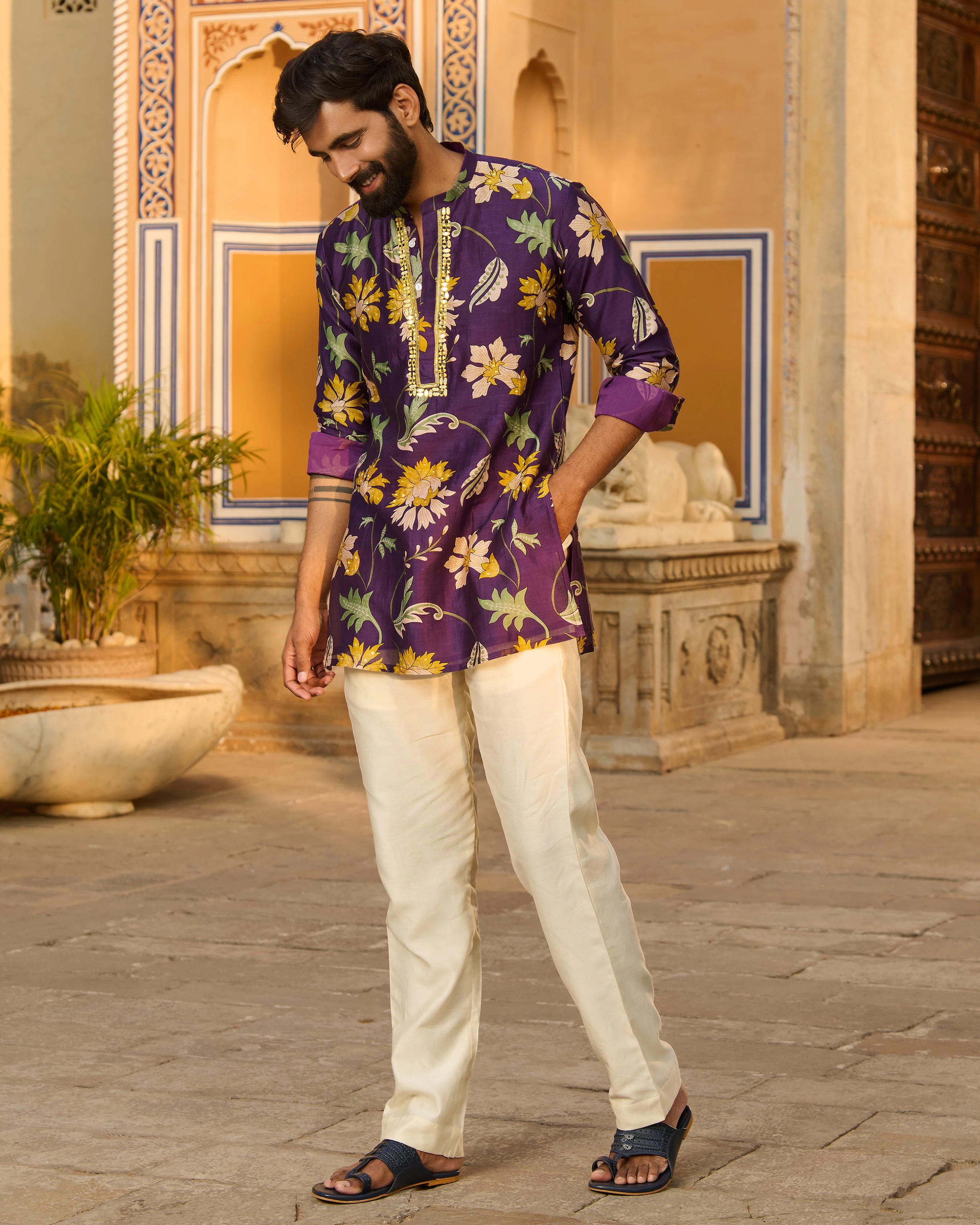 Yuvraj Purple Printed Chanderi Kurta - Image 6