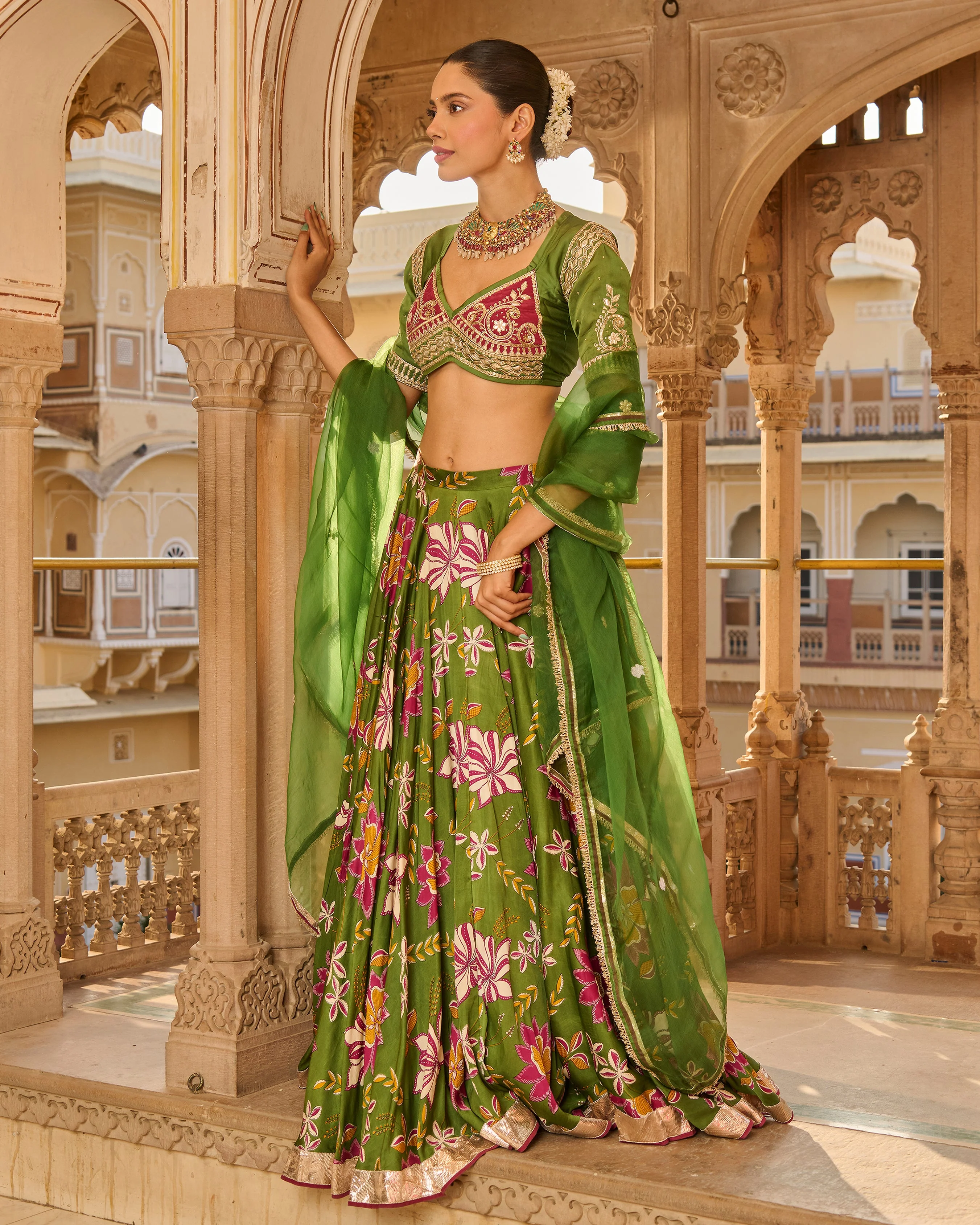 Zara Green Printed Satin Lehenga Set - Image 7