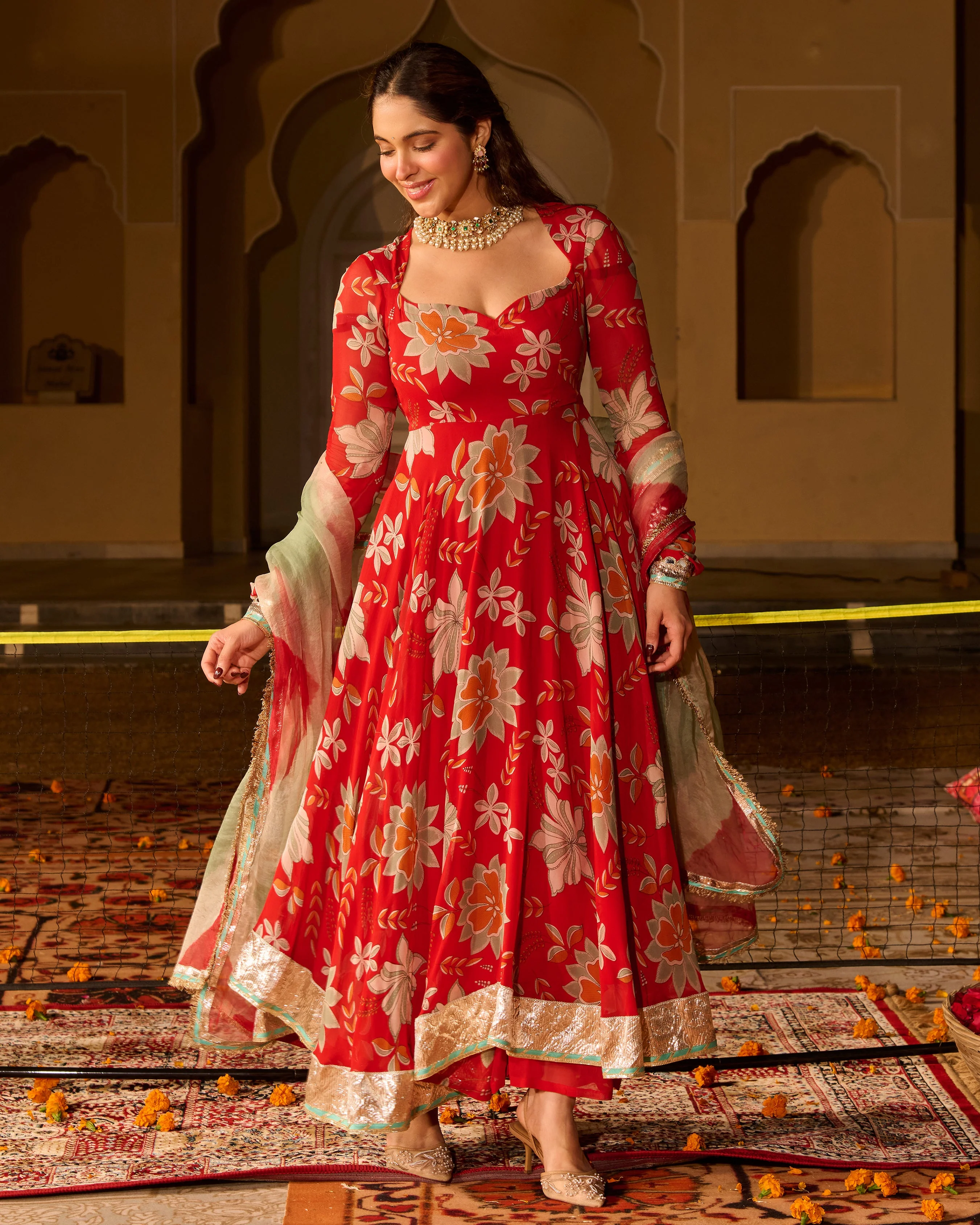 Zeenat Red Printed Georgette Suit Set - Image 2